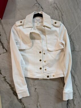 Frame Denim White Cotton Button-Front Utility Jacket with Epaulets